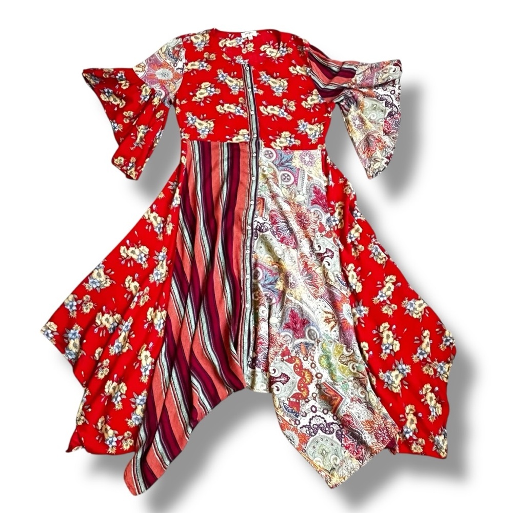 Umgee Boho Midi Dress Medium Patchwork Mixed Print Button Up Handkerchief Hem